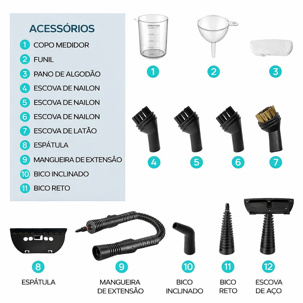 Limpador a vapor portátil 12 em 1 (alta pressão)