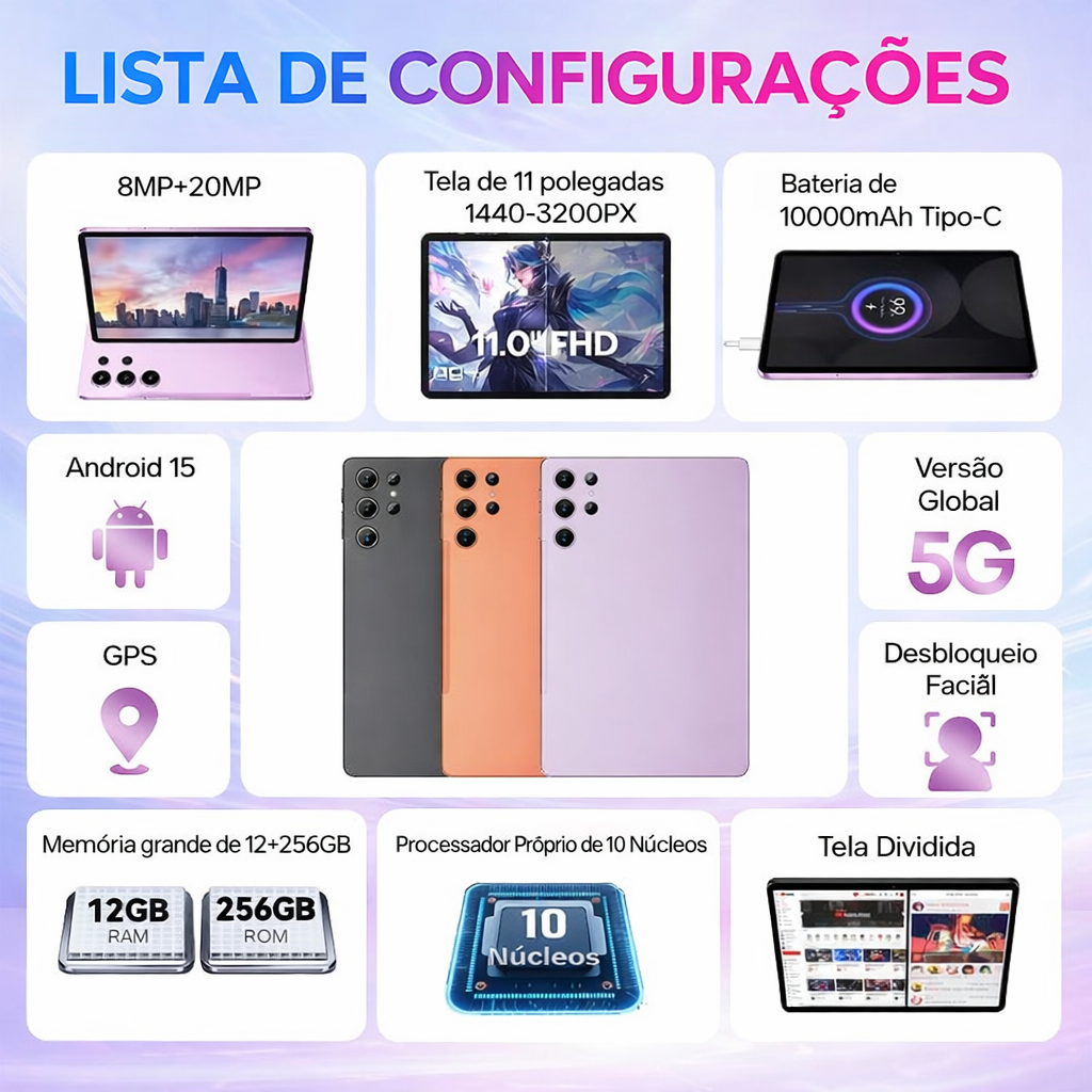Tablet X9 Ultra 11” Android 15 | 12 GB de RAM + 256 GB | Bateria de 10.000 mAh | WiFi 5G
